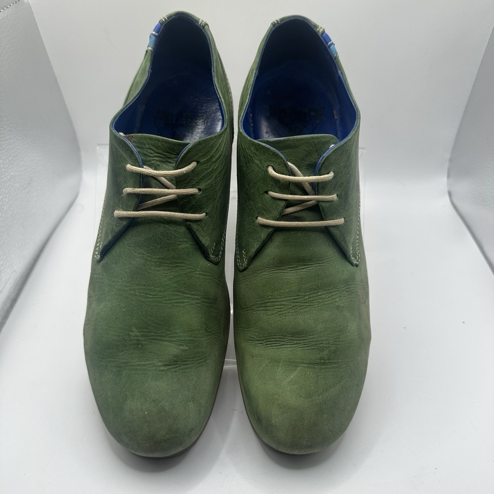 John Fluevog Men's Radio CBC Distressed Green Leather Derby Shoes Discontinued 8